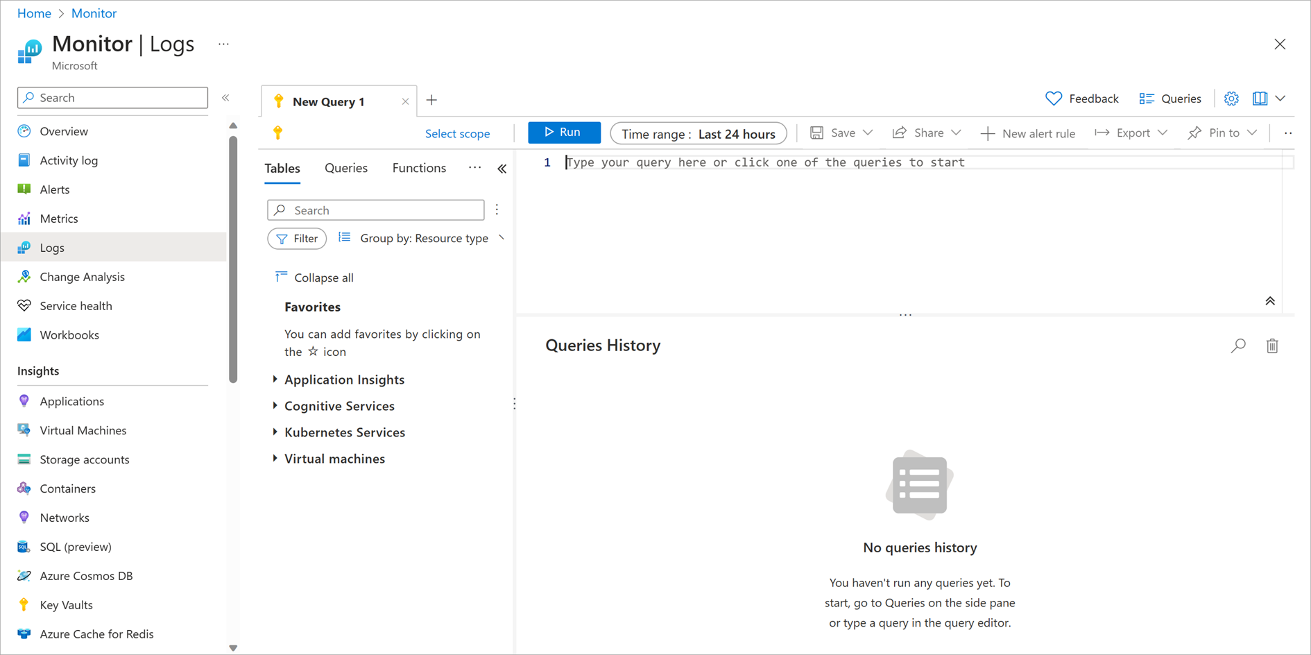 Screenshot of Azure Monitor with a new query tab opened.