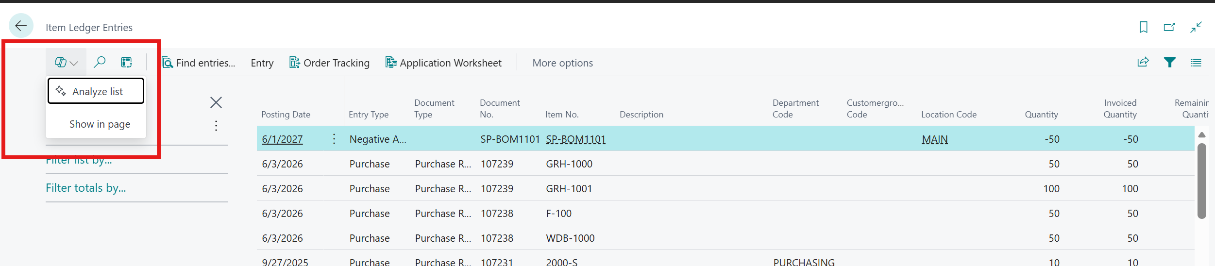 Screenshot of the Copilot menu on the Item Ledger Entries page showing the Analyze list option.