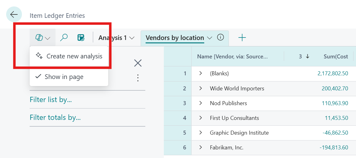 Screenshot of analysis mode showing the Copilot menu with the Create new analysis option.