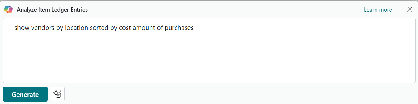 Screenshot of the Analyze Item Ledger Entries dialog box with an example prompt.