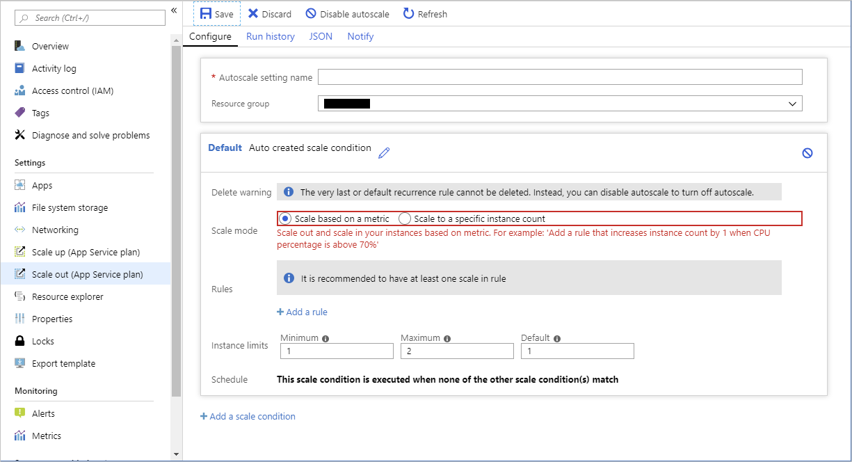 Screenshot of the condition page for an App Service Plan showing the default scale condition.