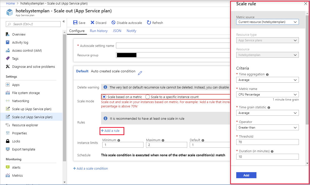 Screenshot of the scale rule page for an App Service Plan.