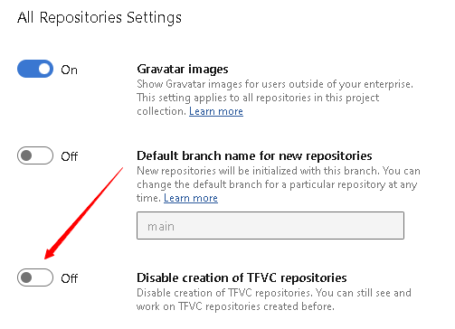 Screenshot of the All Repository Settings section, showing the Disable creation of TFVC repositories option.
