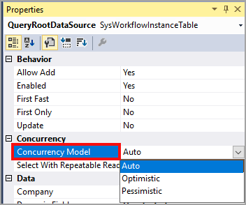 Screenshot of the Properties page, highlighting the Concurrency model dropdown menu.