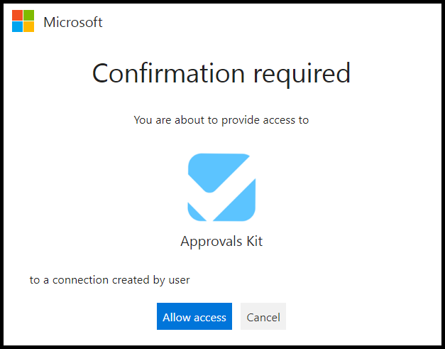 Screenshot of the Confirmation required prompt asking for approval to add the Approvals Kit connection.