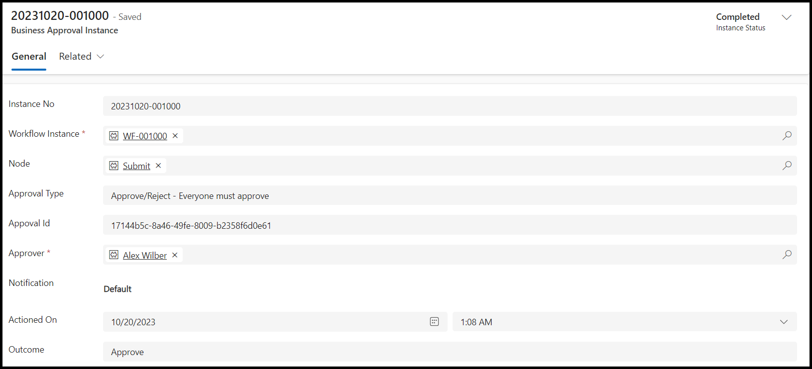 Screenshot of the Business Approval Instance details view.