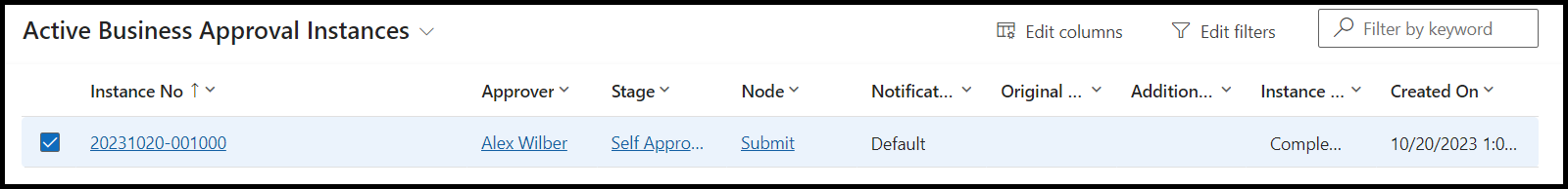 Screenshot of the Active Business Approval Instances view.