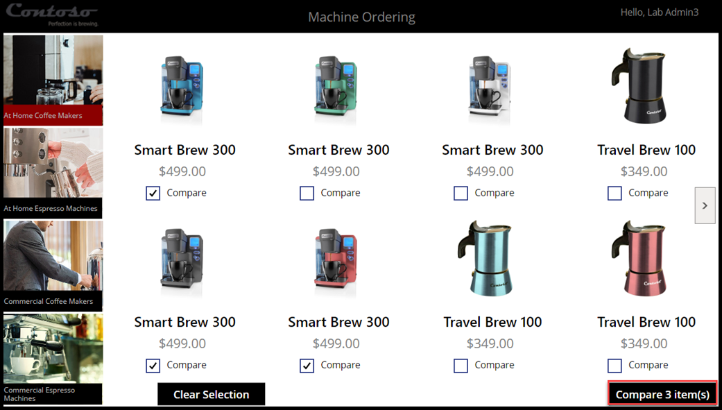 Screenshot of the Machine Ordering app, showing multiple machines selected.