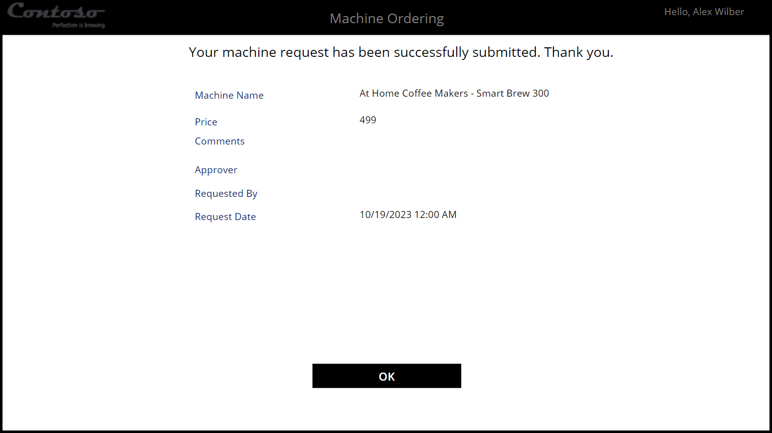 Screenshot of the Machine Ordering app, showing the machine request as successfully submitted.