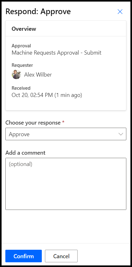 Screenshot of the Respond Approve dialog, showing the selected approval and the Confirm option to approve the approval.
