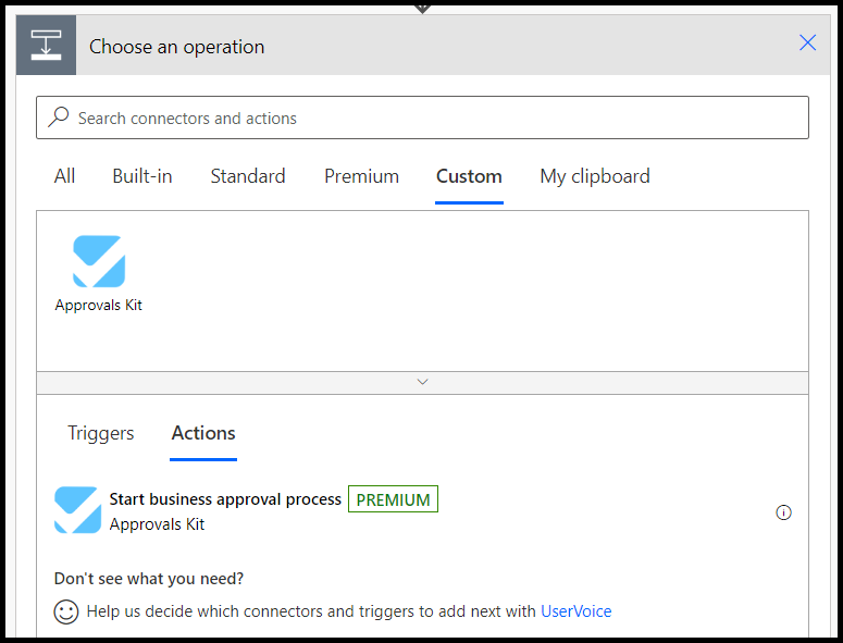 Screenshot of adding the Approvals Kit start business approvals process inside a Power Automate cloud flow.