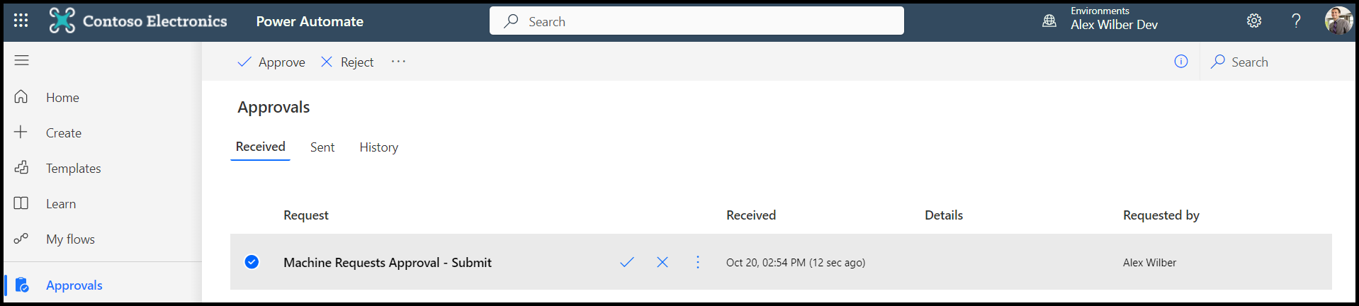 Screenshot of the selected approval in the Power Automate portal.