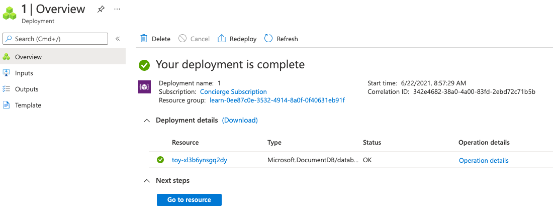 Screenshot of the Azure portal interface for the specific deployment, with three Azure Cosmos DB resources listed.