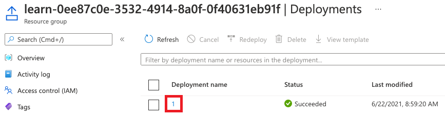Screenshot of the Azure portal interface for the deployments, with the one deployment listed.