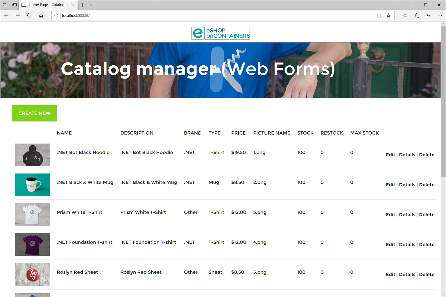 Image of the Catalog Manager page for the sample app in a web browser window