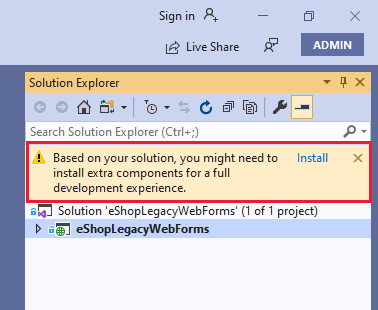 Image of the Solution Explorer window in Visual Studio. The user is being prompted to install additional components to support Visual Studio.**