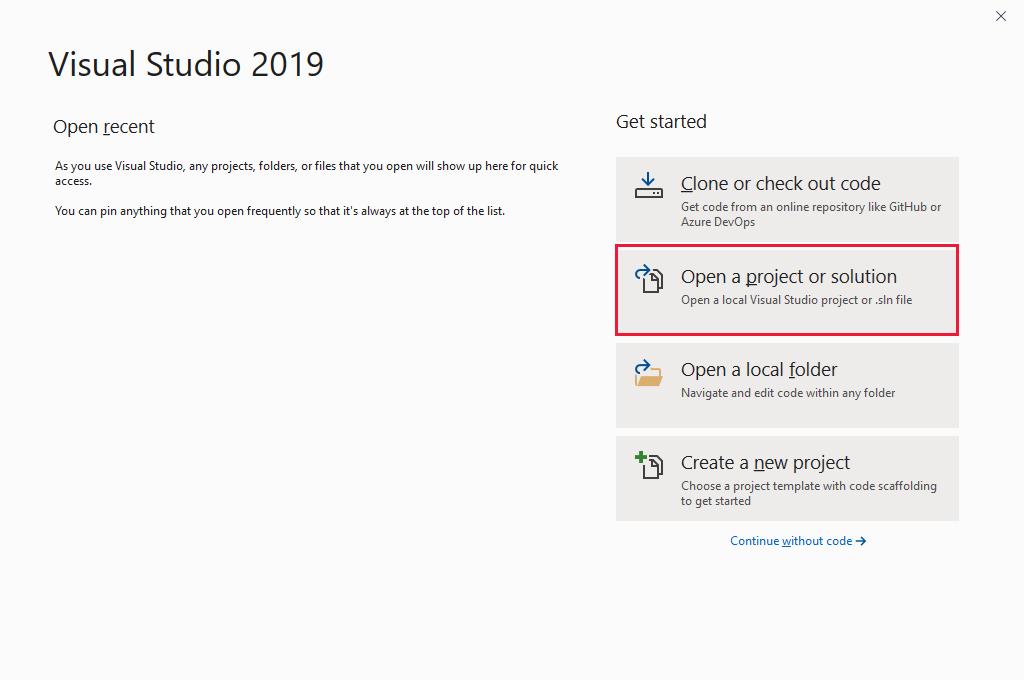 Image of Visual Studio 2019 start screen and the "Open a project or solution" link