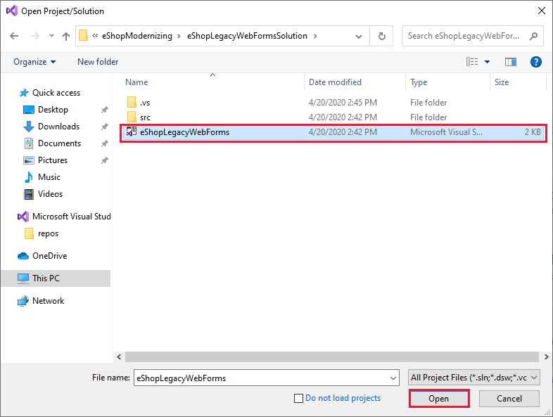 Image of the Visual Studio 2019 "Open Project/Solution" window and the "eShopLegacyWebForms" solution