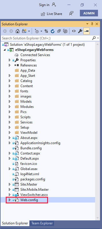 Image of the Solution Explorer window and the "Web.config" file