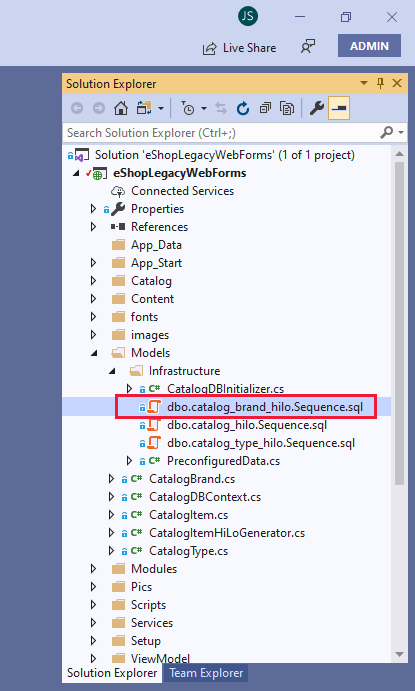 Image of the Solution Explorer window, with the "dbo.catalog_brand_hilo.Sequence.sql" file highlighted.