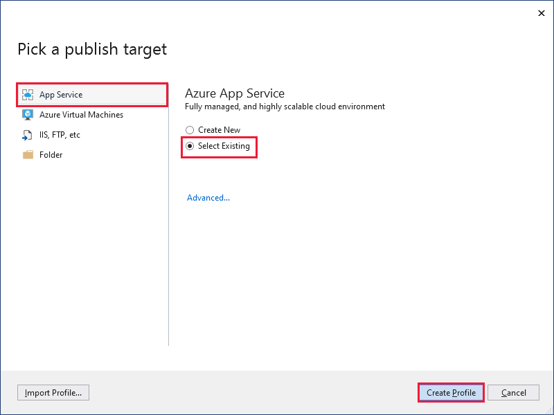 Image of the "Pick a publish target" window, where you create a new profile for publishing the web app to Azure App Service.