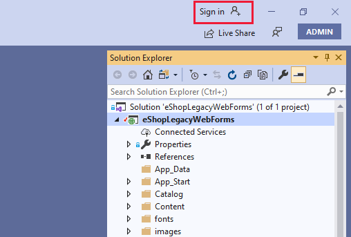 Image of the Visual Studio toolbar, with the "Sign in" link highlighted.