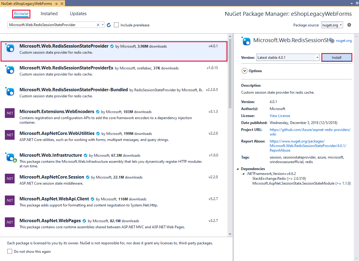 Screenshot of the NuGet Package Manager window installing the Microsoft.Web.RedisSessionStateProvider package.