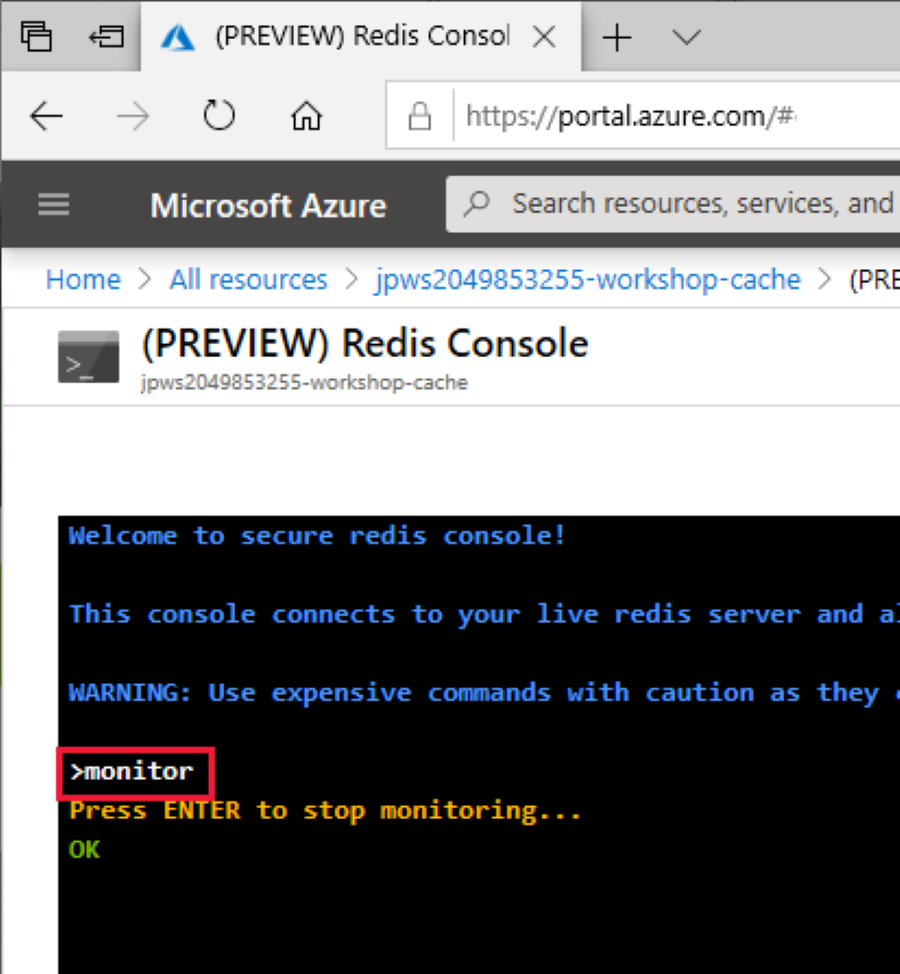Screenshot of the Console window with the Redis monitor active.