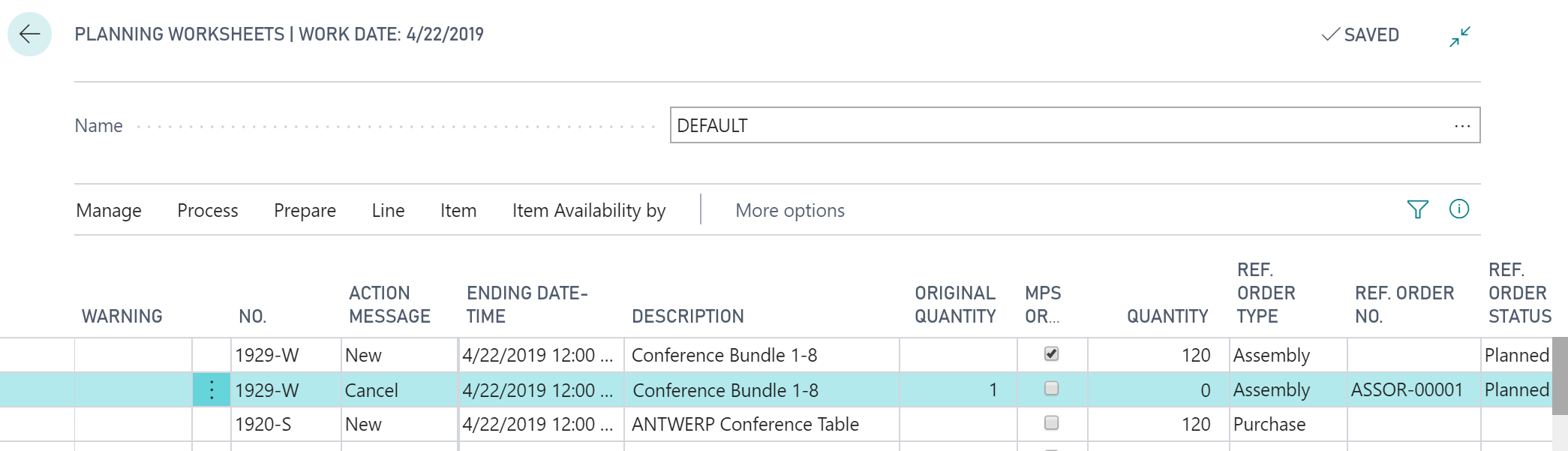 Screenshot of the Planning Worksheet with Assembly order types.