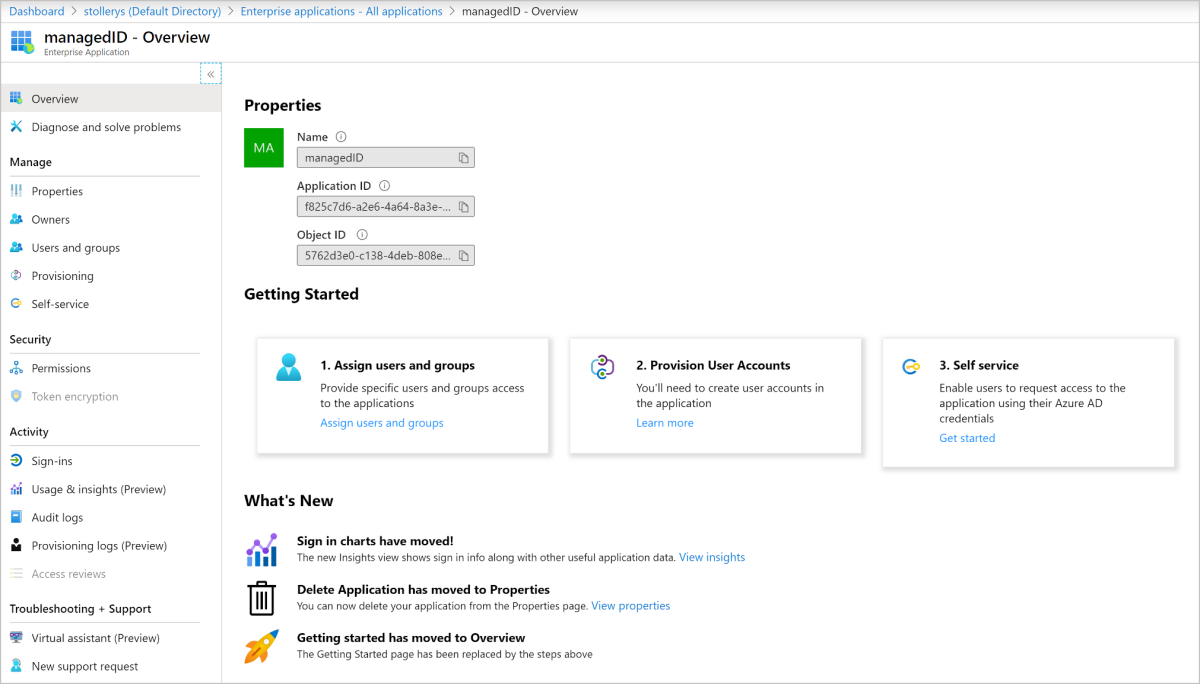 Screenshot of the Azure portal, showing the overview page for a managed identity.