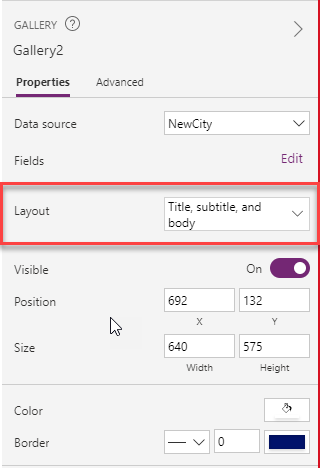Screenshot of properties with layout field and title, subtitle, and body dropdown.