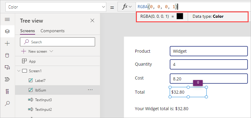 Screenshot of the Color value of lblSum highlighting the RGBA value and Data type of Color.