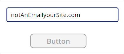 Screenshot of an invalid email address in a text input field that is missing the @ symbol, and the button disabled below it.