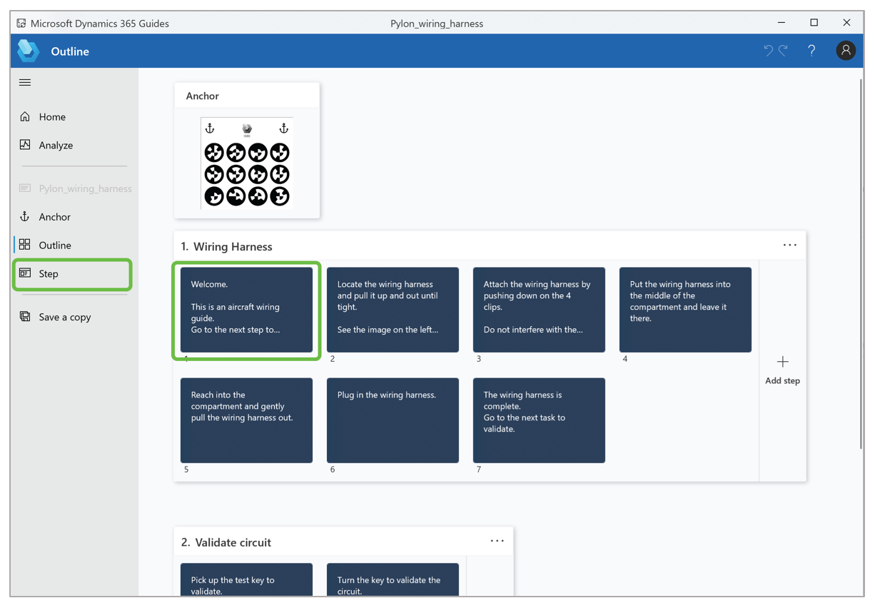 Screenshot of the Step on the Outline page and Step command in the left navigation.