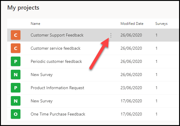 My projects with Customer Support Feedback selected, and an arrow pointing to the ellipsis button next to it.