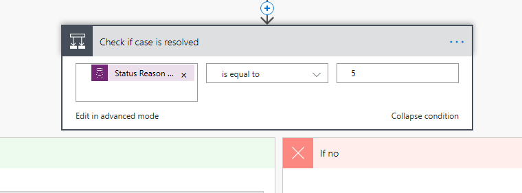 Flow condition - screenshot shows the expanded Check if case resolved condition set to Status Reason is equal to 5.