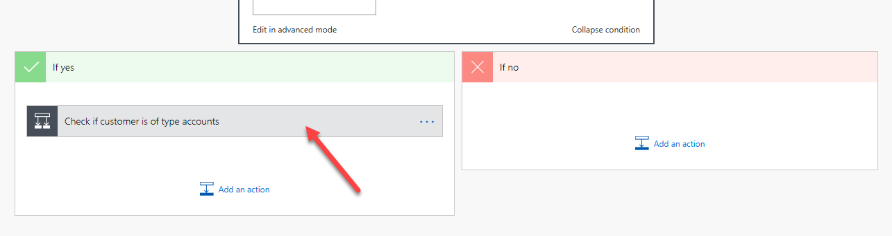 Condition - screenshot shows an arrow pointing to Check if customer is of type accounts.