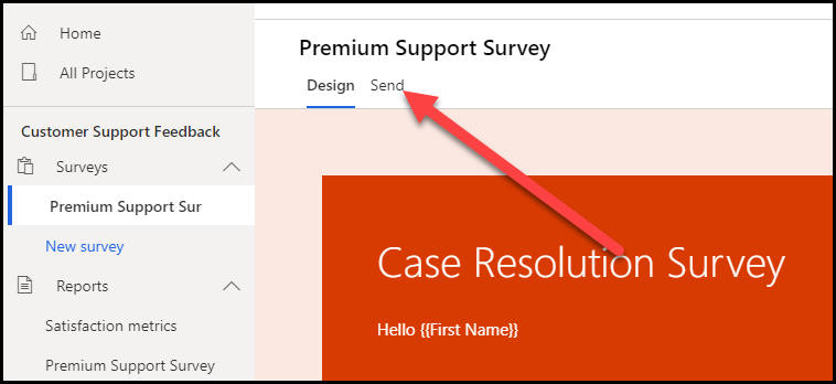 Premium Support Survey with an arrow pointing to the Send tab.