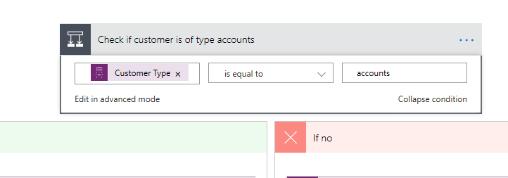 Expanded flow condition - screenshot shows the expanded Check if customer is of type accounts condition set to Customer Type is equal to accounts.