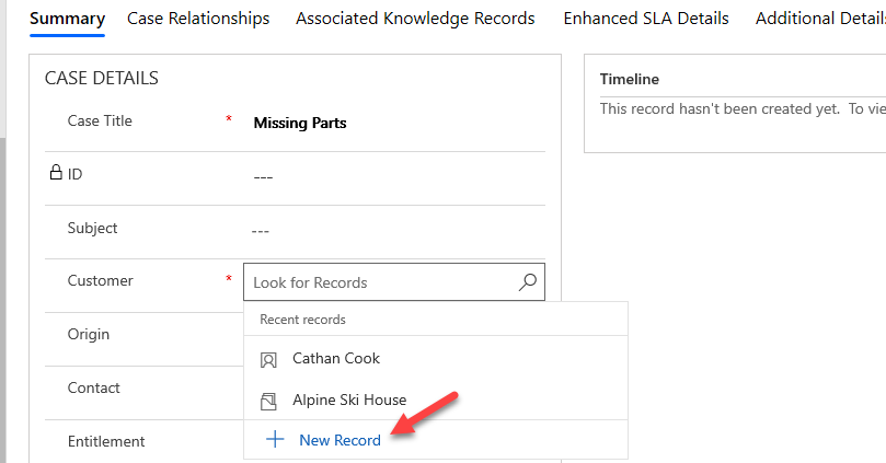 Case customer - screenshot shows the Summary tab with case details and the Customer dropdown with an arrow pointing to New Record.