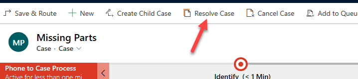 Resolve case - screenshot shows the Missing Parts case with an arrow pointing to Resolve Case.