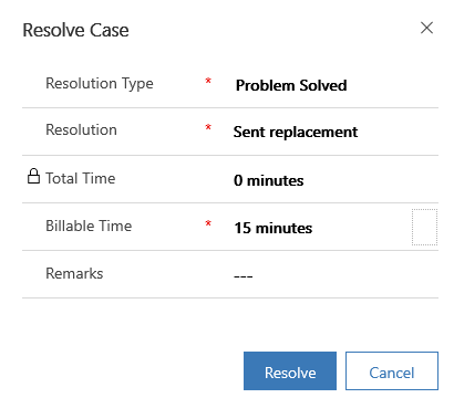 Resolve case dialog - screenshot shows required columns Resolution Type, Resolution, and Billable Time.