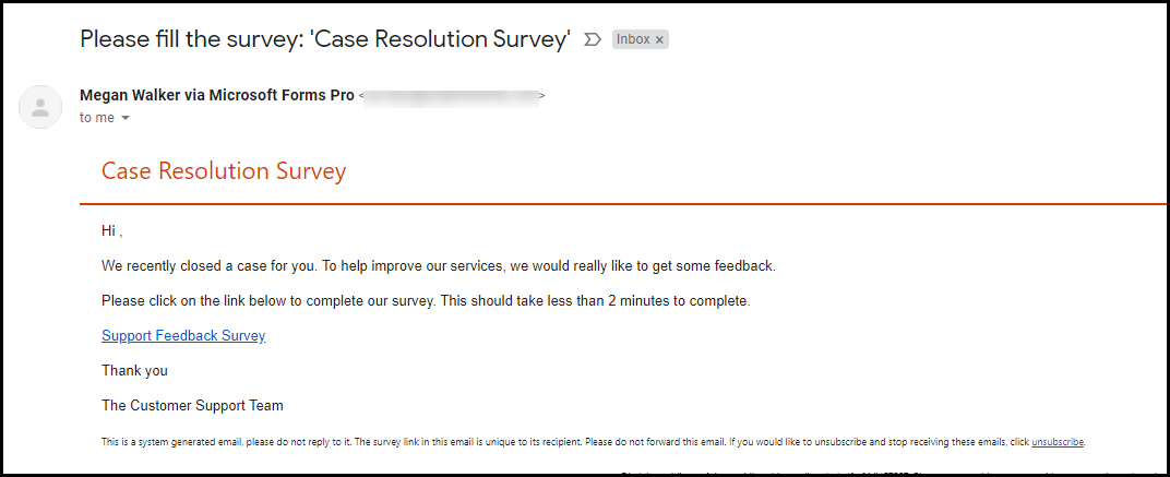 Email for flow - screenshot shows the email with title Please fill the survey: 'Case Resolution Survey' and the body with a link to the survey.