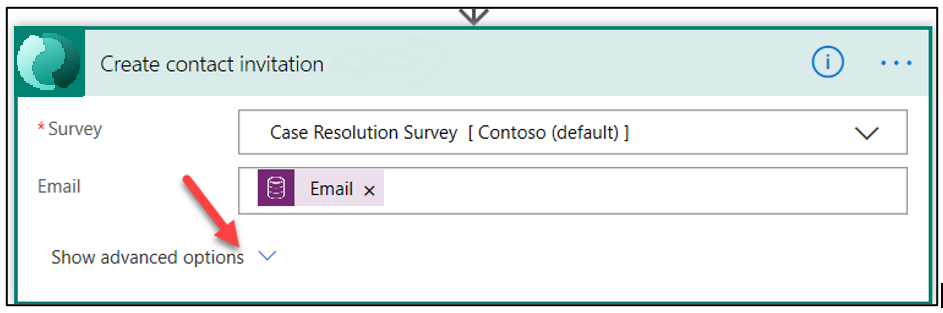 Show advanced option - screenshot shows an arrow pointing to Show advanced options on the Create contact invitation.