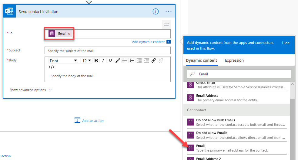 Contact email - screenshot shows an arrow pointing to Email in the Dynamic content search results.