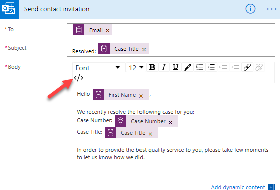 Email body -screenshot shows an arrow pointing to the code view button.