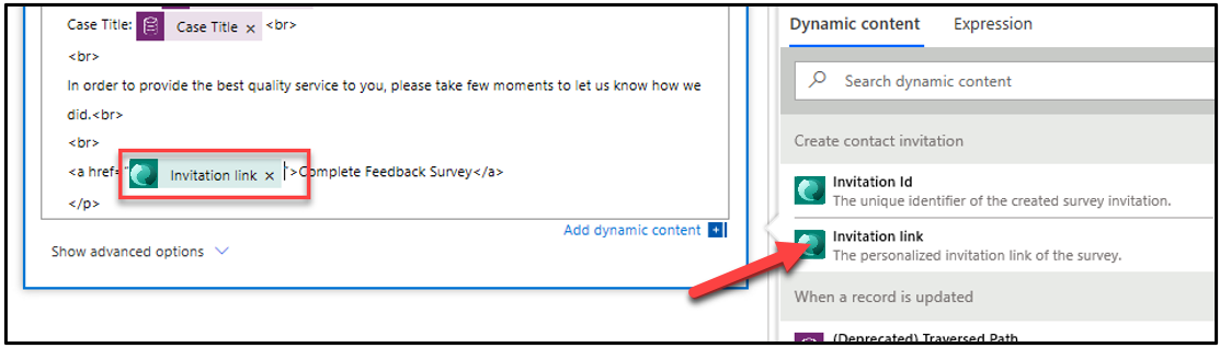 Invitation link - screenshot shows an arrow pointing to Invitation link in the Dynamic content search results.