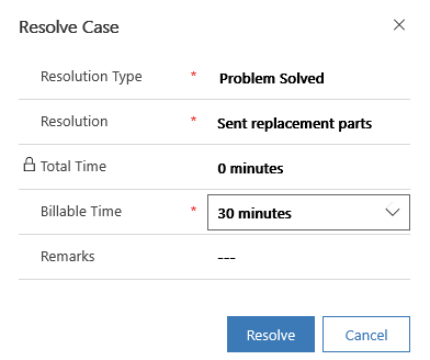 Resolve case dialog - screenshot shows the Resolve Case dialog with values supplied for required columns: Resolution Type, Resolution, and Billable Time.