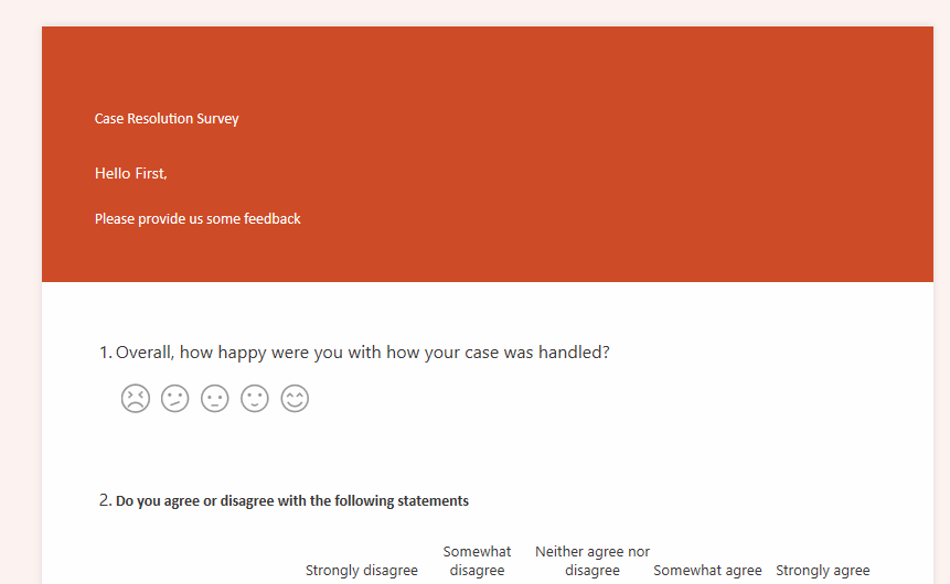 Survey - screenshot shows the Case Resolution Survey page in a browser.