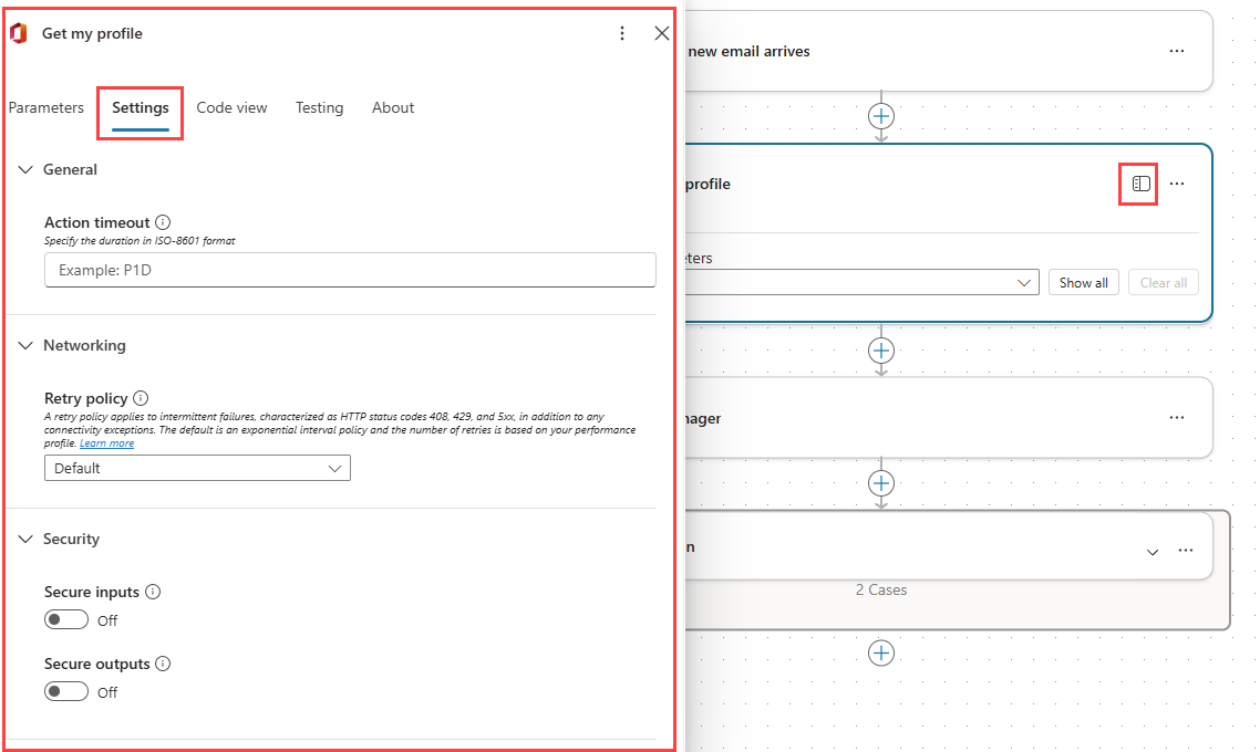 Screenshot of the Settings tab in the Copilot Studio agent flow designer, showing timeout, retry policy, and run-after options.